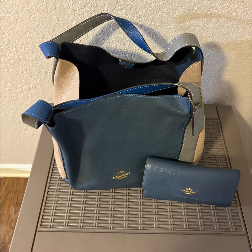 Coach Blue and Tan Hobo Bag with Wallet